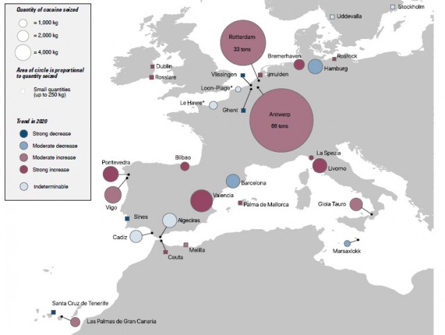 Εμπορευματικές ροές σε λιμένες Αφρικής και Ευρώπης - Ποσότητες κατασχεμένης κοκαΐνης (2020) (Πηγή: Έκθεση Europol-UNODC)